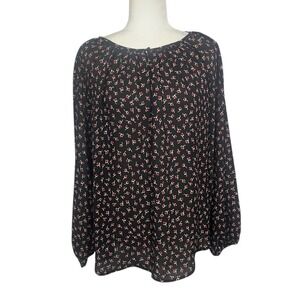 Chaps Womens Black Floral Print Long Sleeve Blouse Top Size Small Petite Peasent